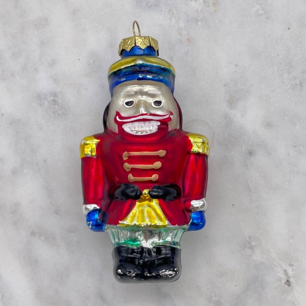 Blown Glass Nutcracker Ornament Christmas Soldier Red, Yellow, and Blue